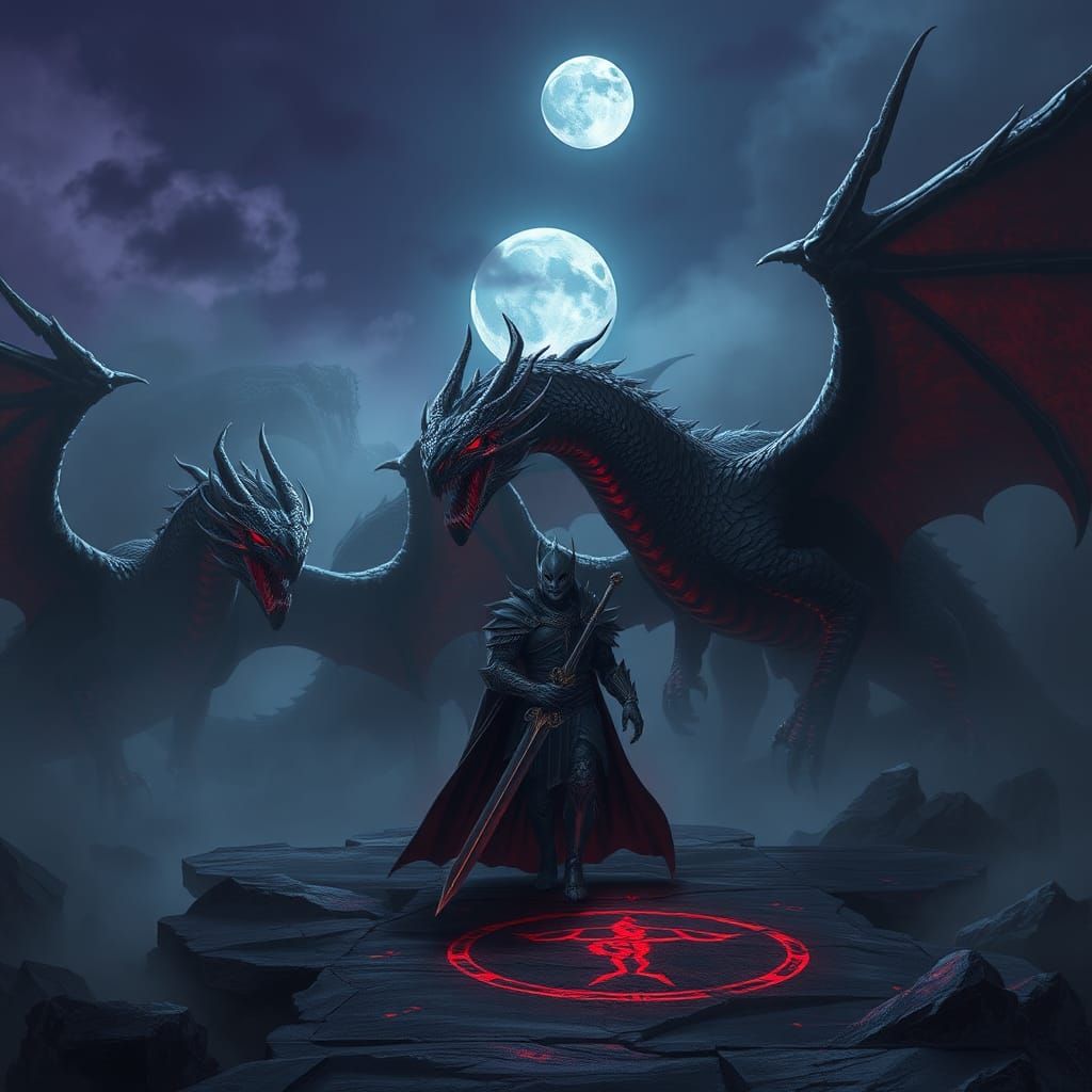 Shadow dragon army emerging from dark mist And Humanoid dragon leading them