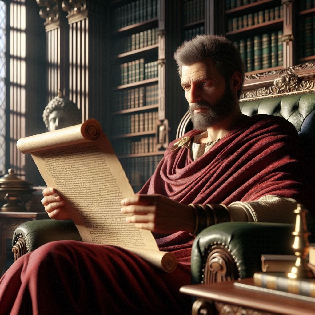 Roman senator in his library reading a scroll.