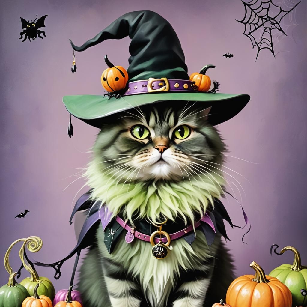 Green Halloween Cat in Witch Hat, CGI Rendered