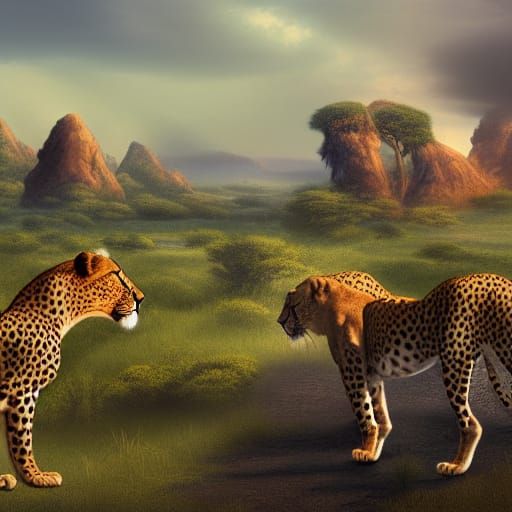 african landscape, lions, leopards, cheetahs, african animals - AI  Generated Artwork - NightCafe Creator