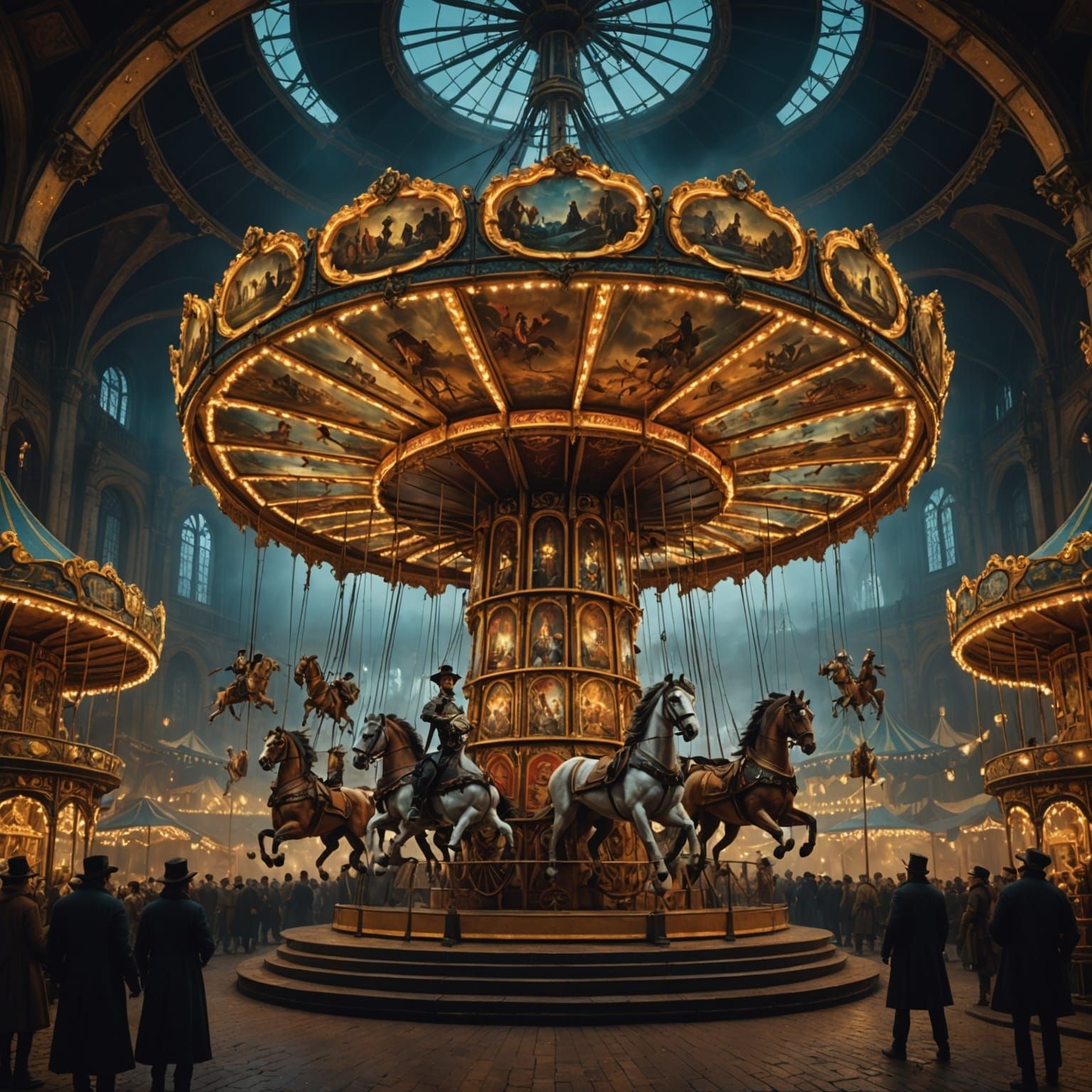  3d imax shot of an epic “carrossel”, 8k detailed photograph, centered, vivid, moody, ominous, dramatic lighting, cinematic, epic scale, sha...