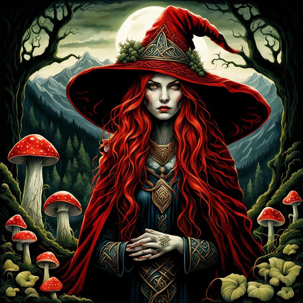 High Gothic Witch in Lush Forest, Watercolor Style