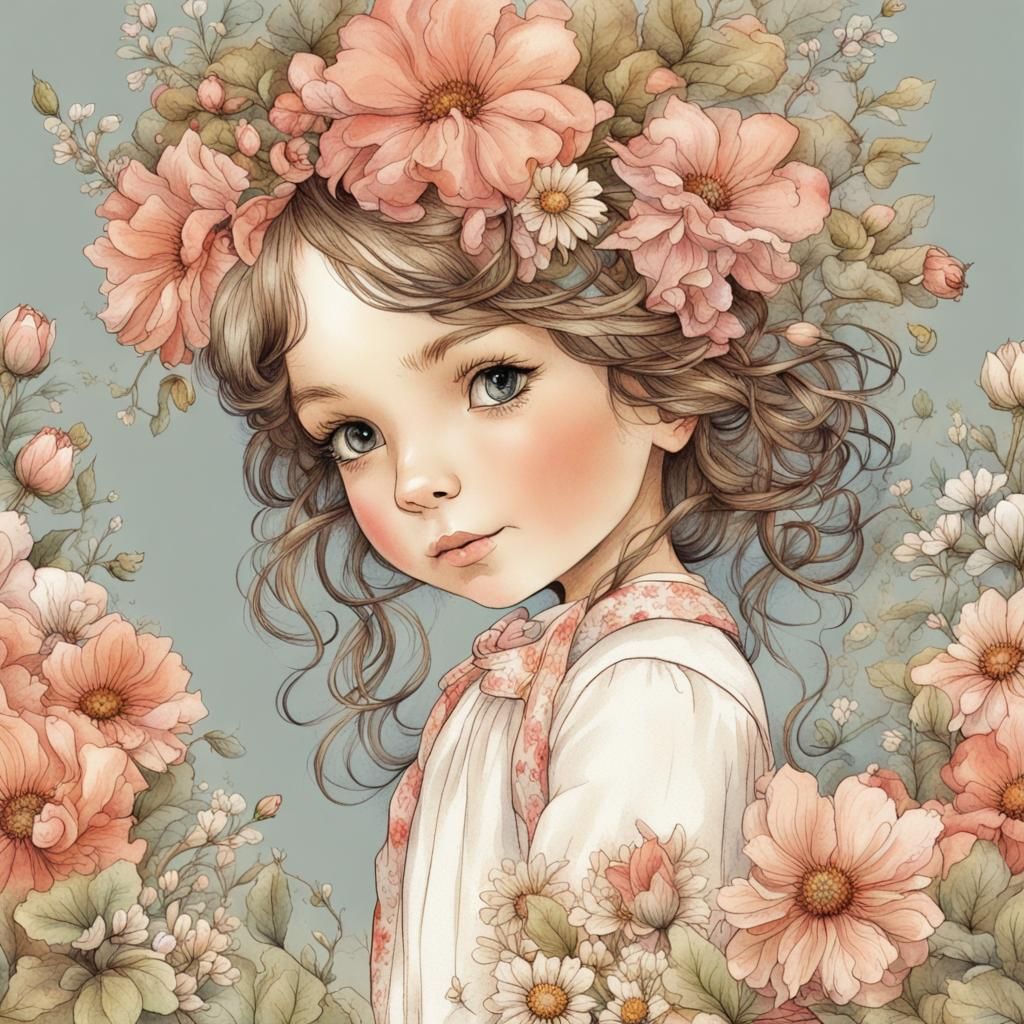 Sarah Kay style: Illustration of a Little girl with flowers - AI ...