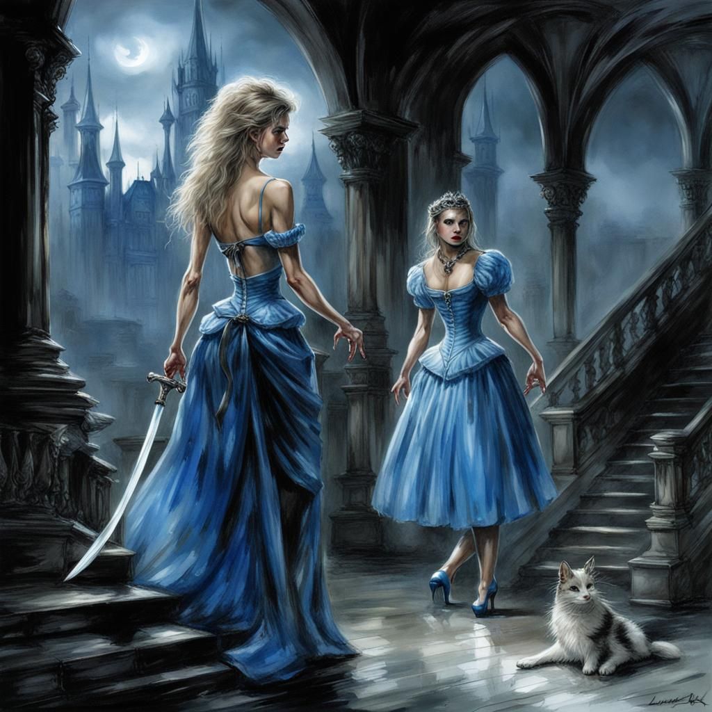 Dark evil Cinderella with a sword and blue dress, scared two step ...