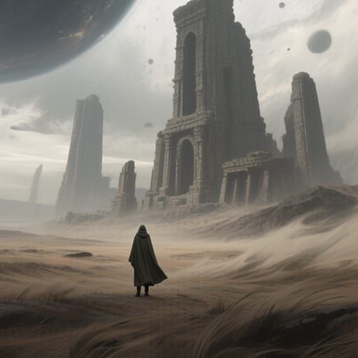 A solitary figure in a cloak stands on a desolate, windswept plain under a sky filled with colossal, ancient ruins. The figure is small agai...