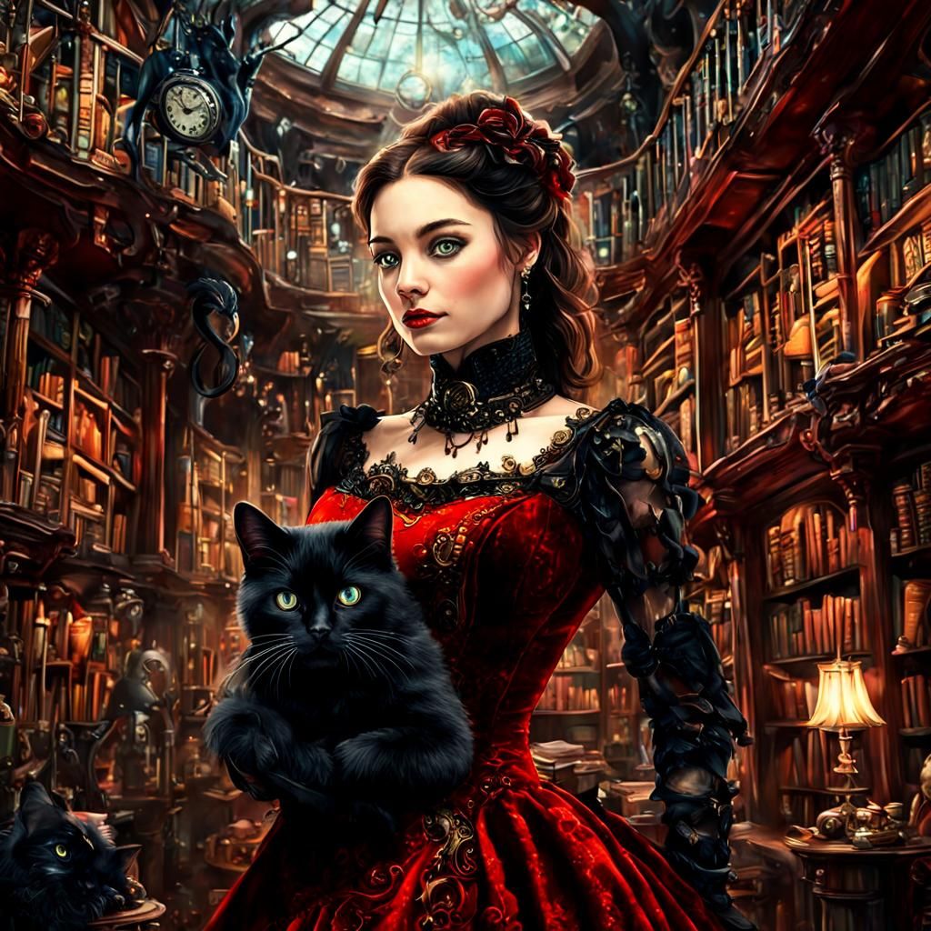 Carmilla cuddles a fluffy black cat in steampunk library