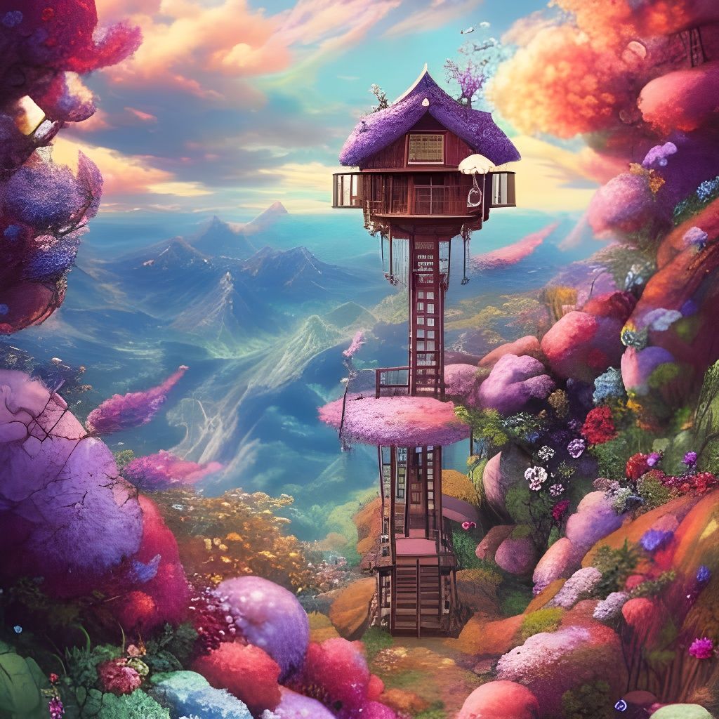beautiful gorgeous fantasy landscape!!! little hut on an epic hill!! whimsical treehouse!! flowers and ... false