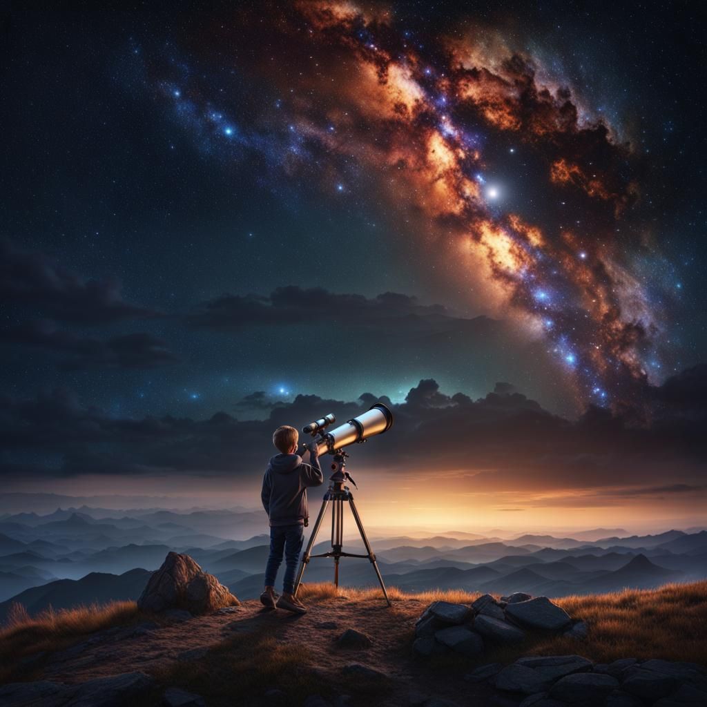 A young boy beside the telescope and he watch a Milky Way at...