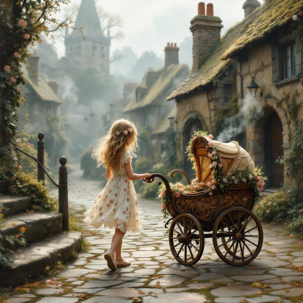Little girl walks through the village with her doll carriage...