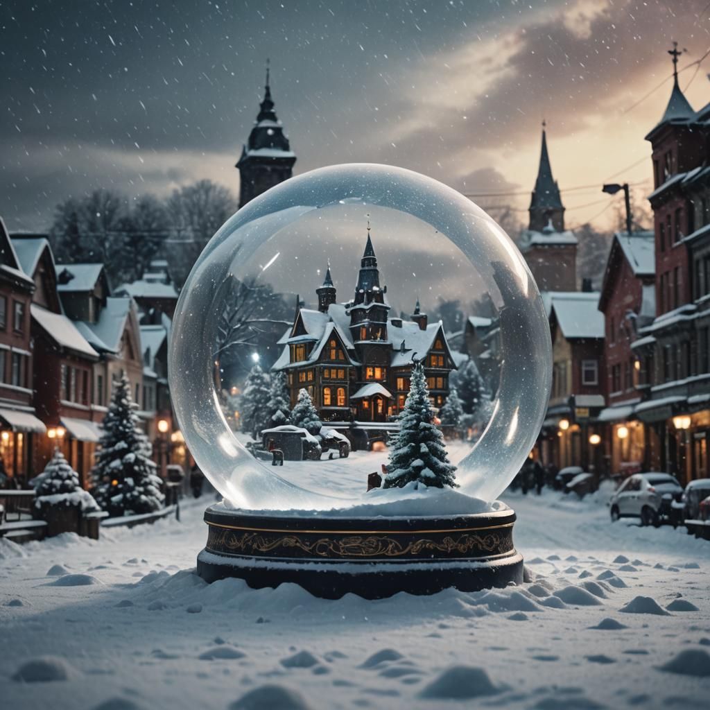 A big Snow globe in middle of snowy town