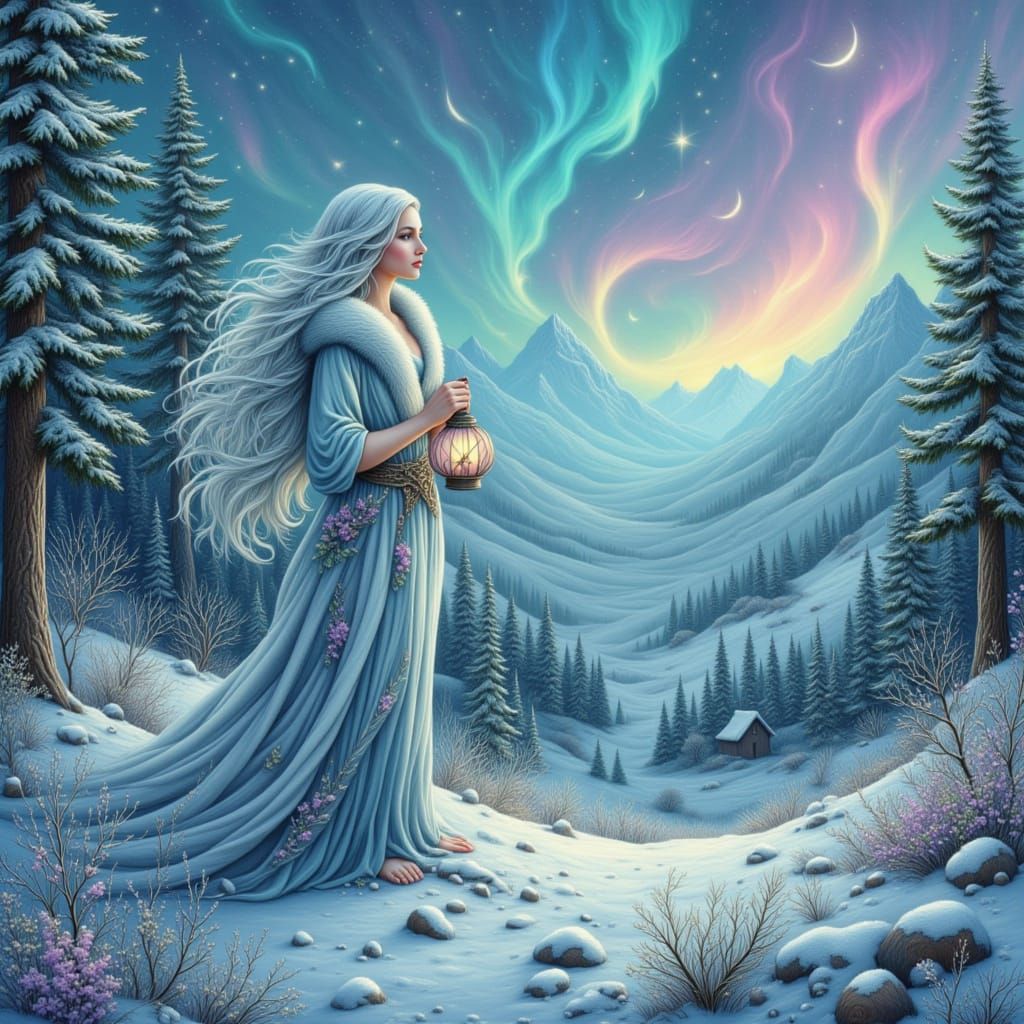 Winter Witch with Moon Lantern Under Aurora