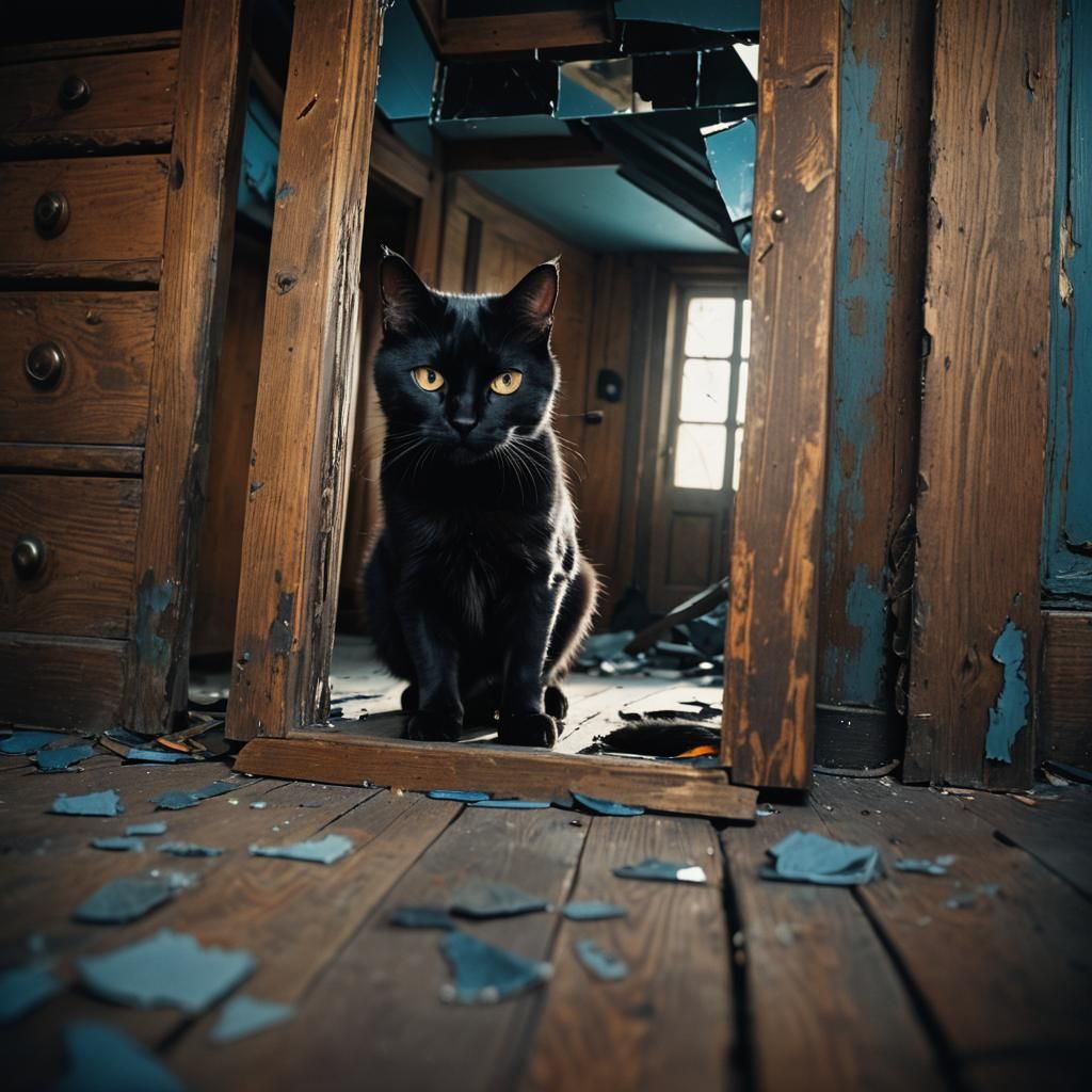 A black cat is being reflected by a broken mirror, under a wooden staircase, during a full moon night ...  by @Carol