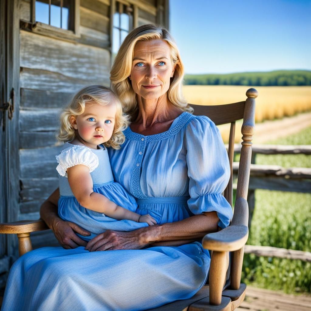 A young child of 5 or 6 with the bluest cerulean eyes looking at viewer. Blonde hair. Facing mother and resting cheek on mother’s chest whil...
