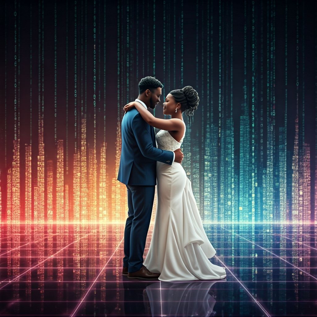 BLACK GHANAIAN GROOM AND BLACK WELSH BRIDE FIRST DANCE IN A DIGITAL METROPOLIS OF CODE AND BINARY.