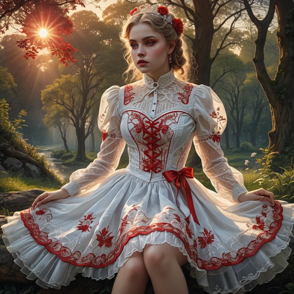 Beautiful curvy woman wearing victorian inspired street fashion, short  transparent skirt, white and red embroidered corsett, low cut, sittin... -  AI Generated Artwork - NightCafe Creator