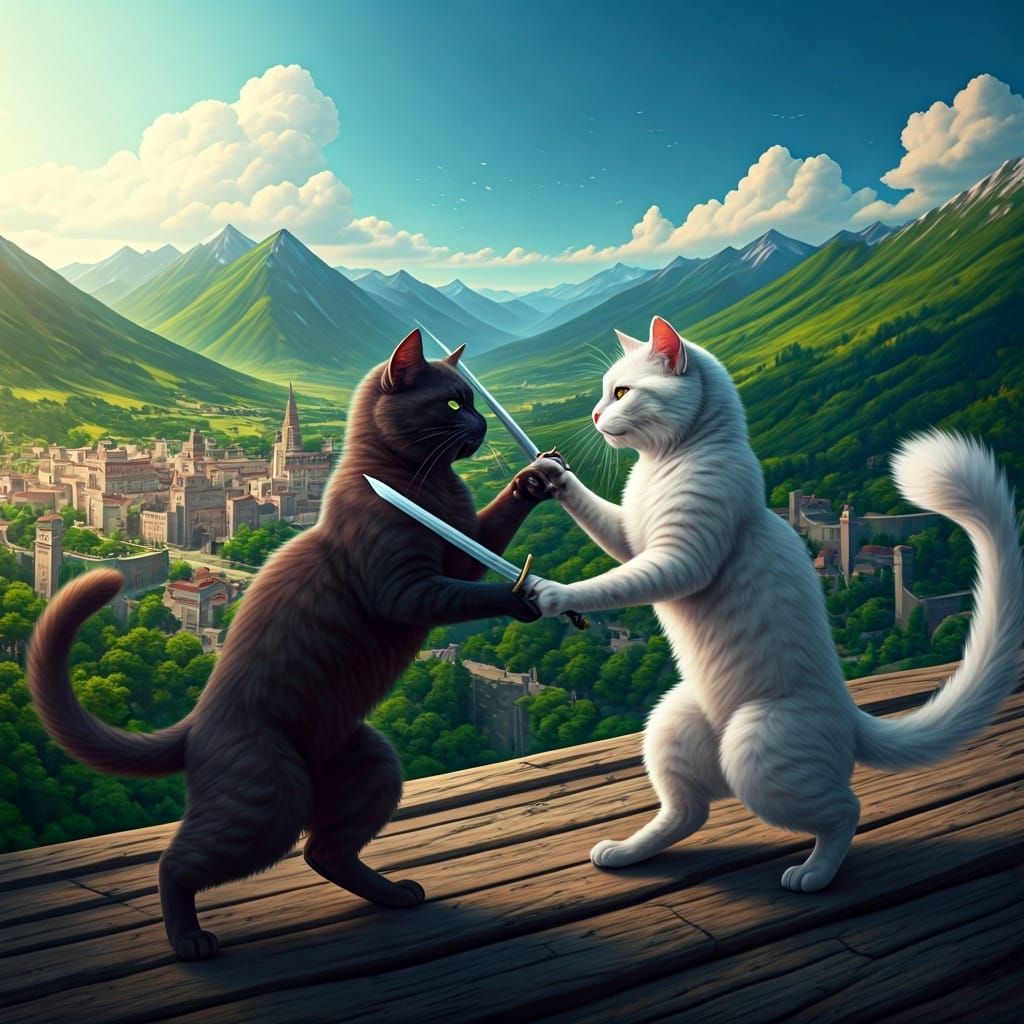 Hyperrealistic Cats Sword Fight in a Lush Landscape