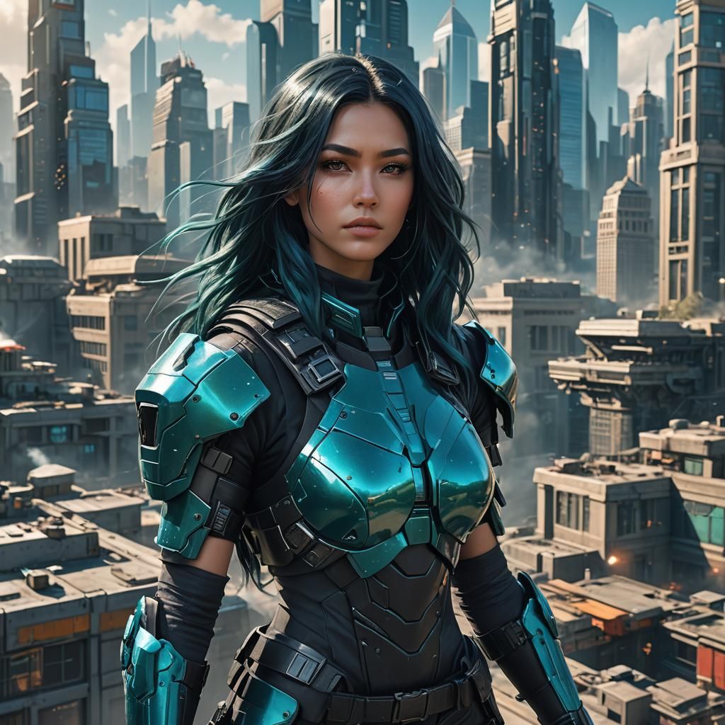 beautiful woman long dark aqua hair black high tech body arm...