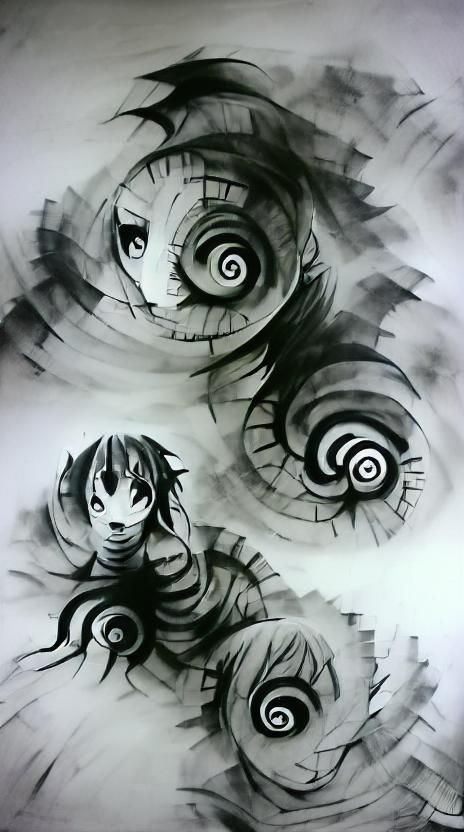 Creepy spirals ink drawing Grayscale anime