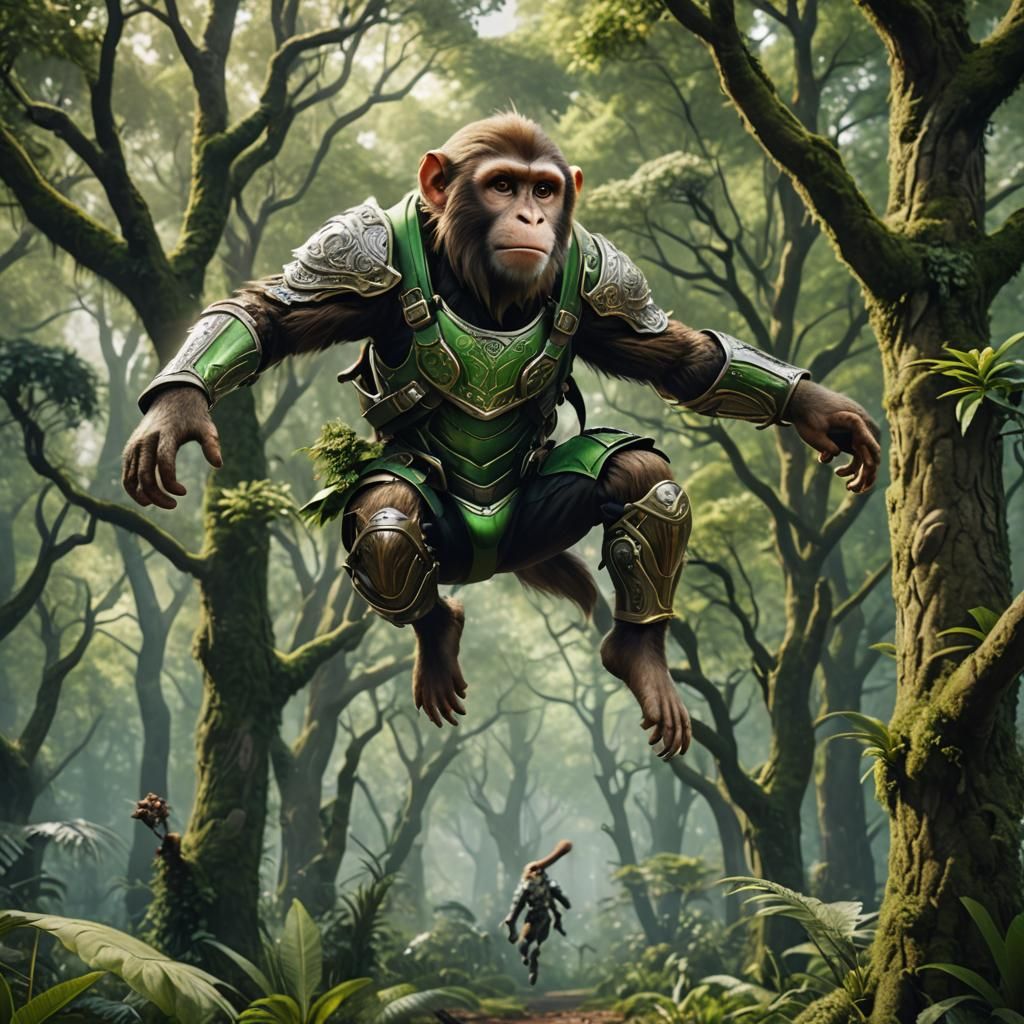 brown monkey in green and silver armor  jumping on trees in ...