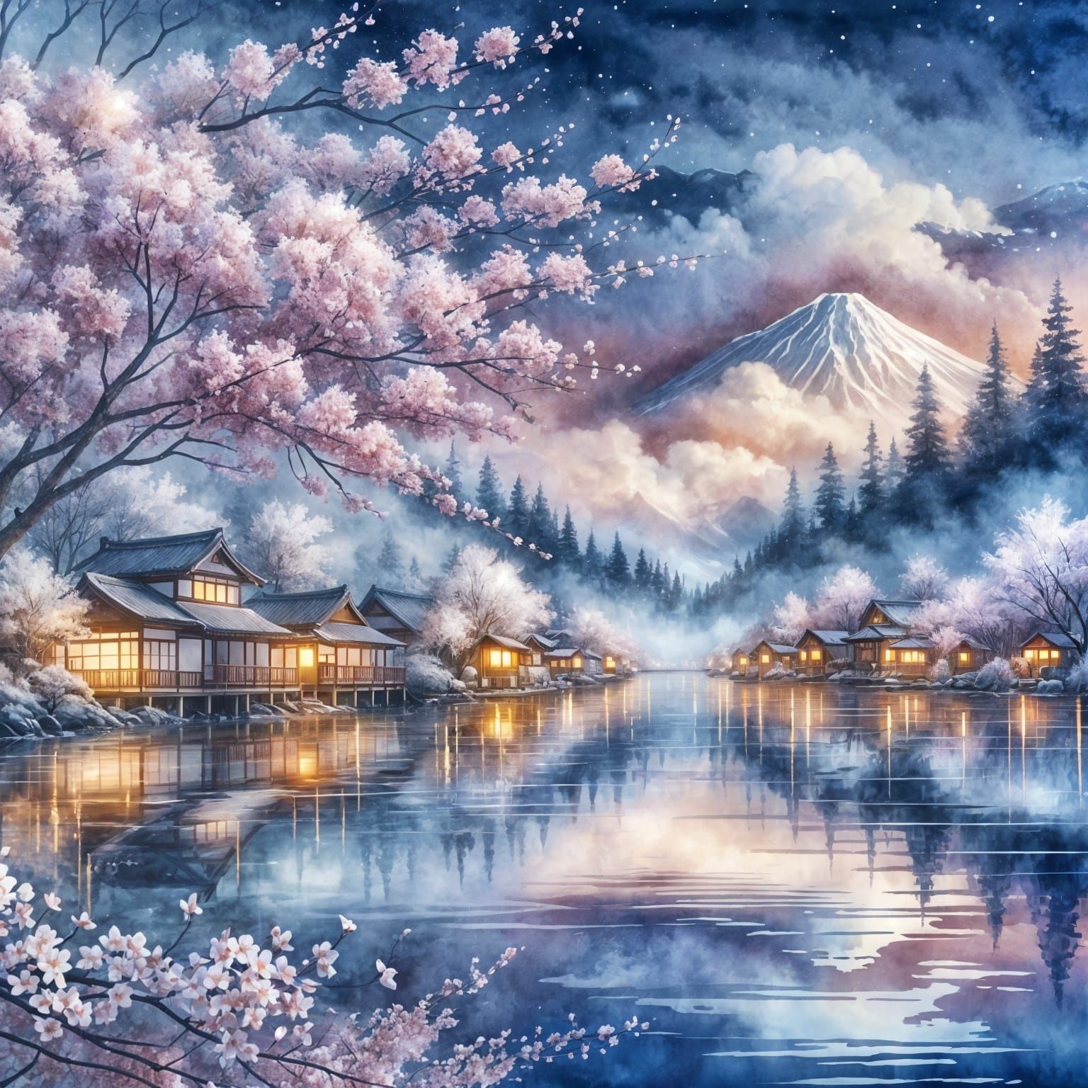 Watercolor Japanese Landscape with Cherry Blossoms and Mount...
