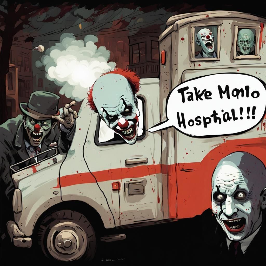 A clown driving an ambulance pointing out his bald head at the side window an screaming in a speech-bubble: take me to hospital while he pas...