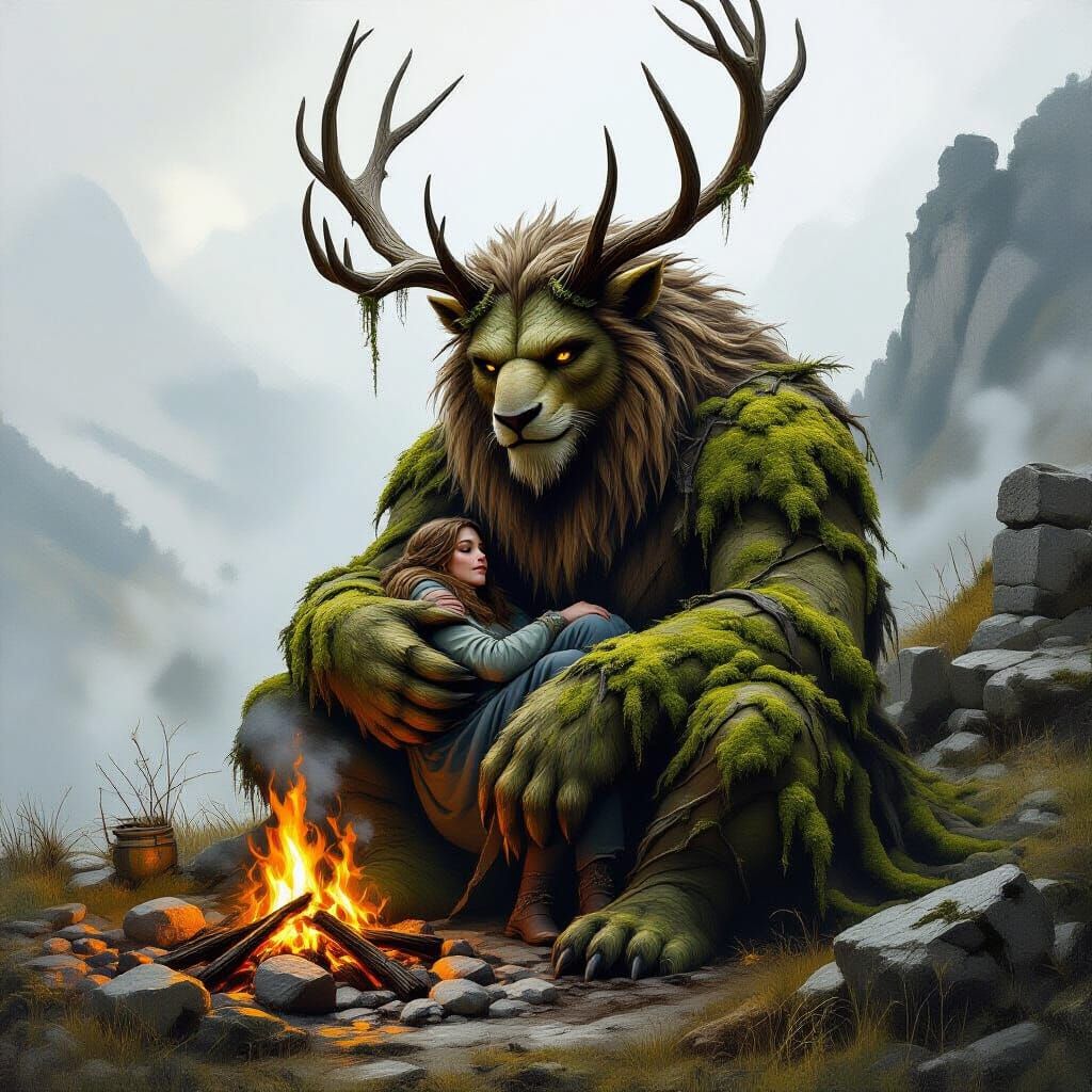 A colossal moss-furred mountain beast cradling a lost traveler in its clawed arms.  by @Twiggles