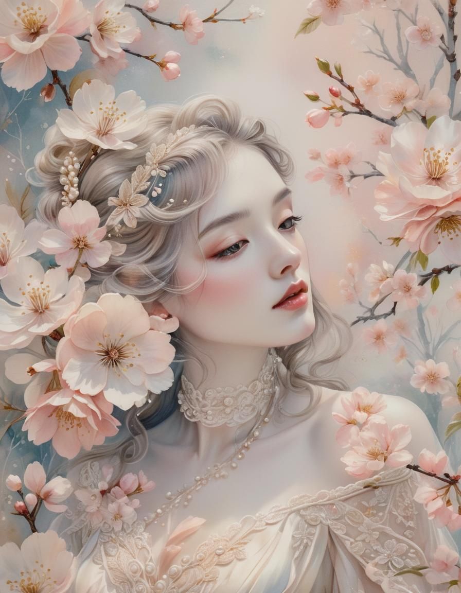 Young Woman in Cherry Garden: Impressionist Watercolor