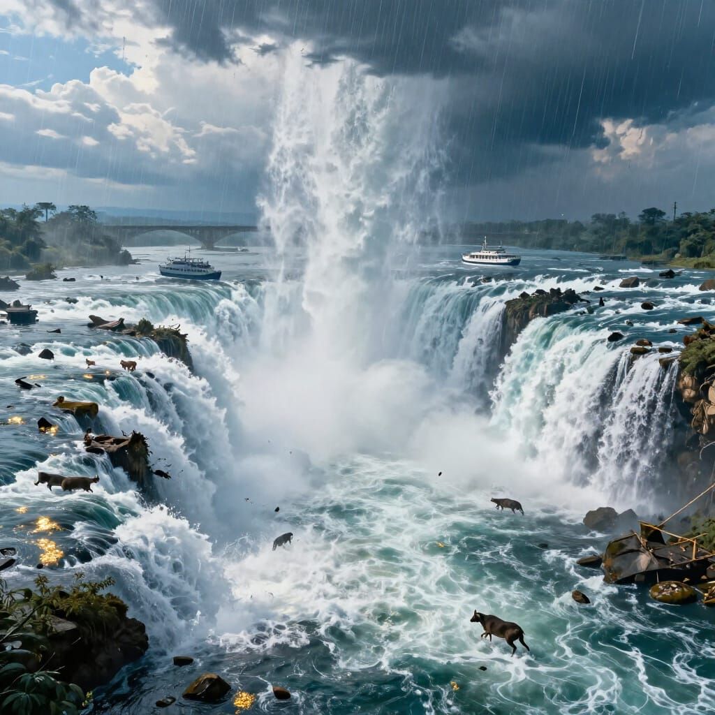Epic River Chaos: Floating Worlds in Surreal Downpour