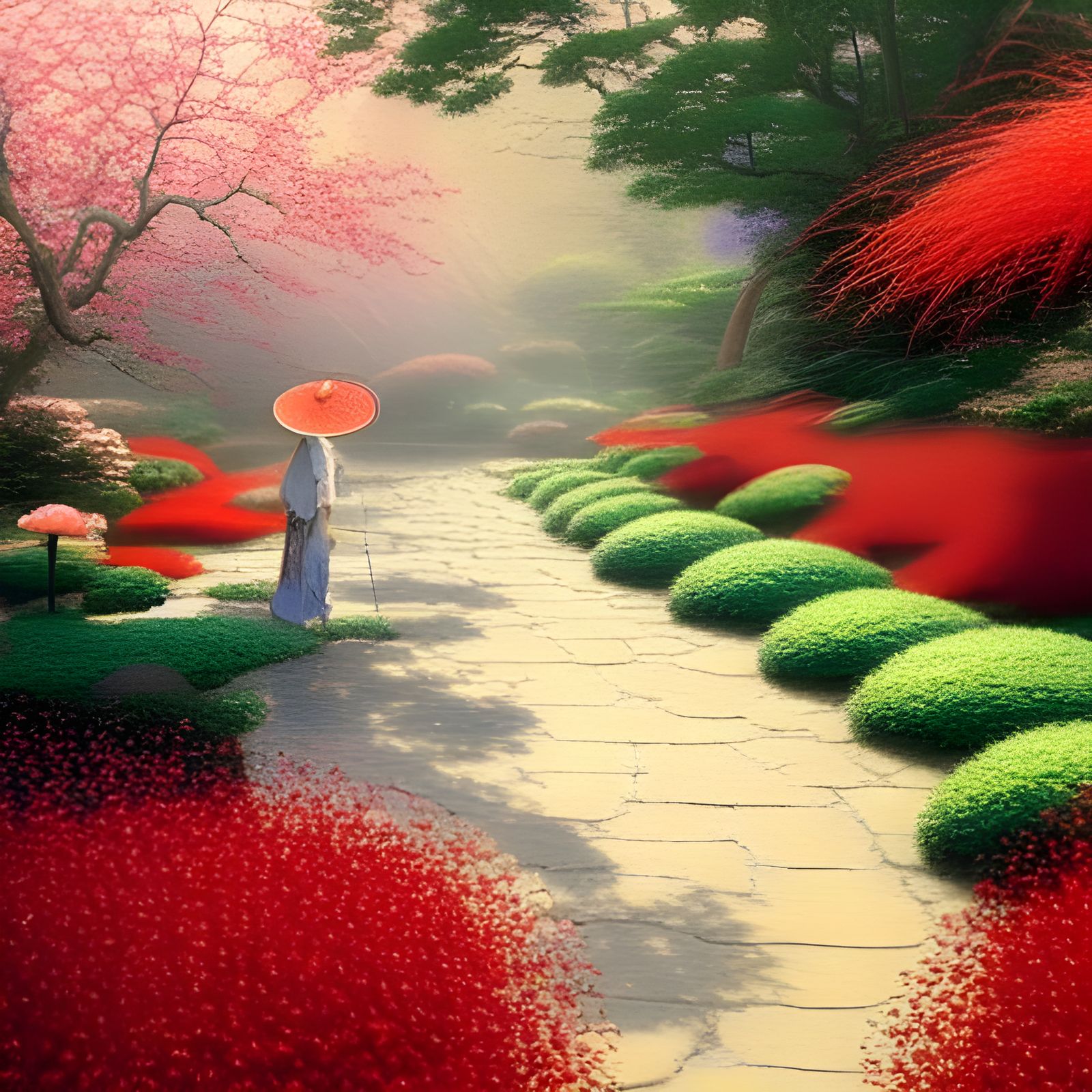 Japanese woman with a parasol Walking on a stone path throug...