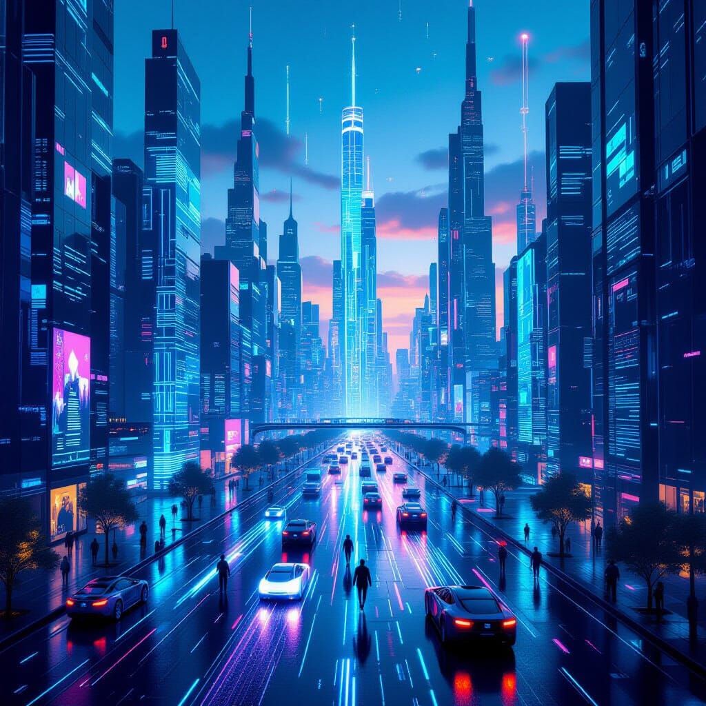 Futuristic Digital City at Dusk