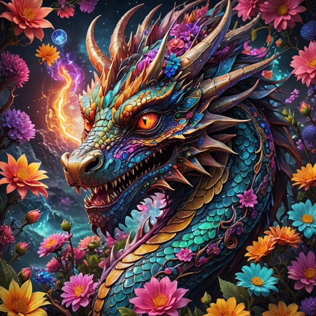 Vibrant colors of shamanic spirit animal dragon with loving ...