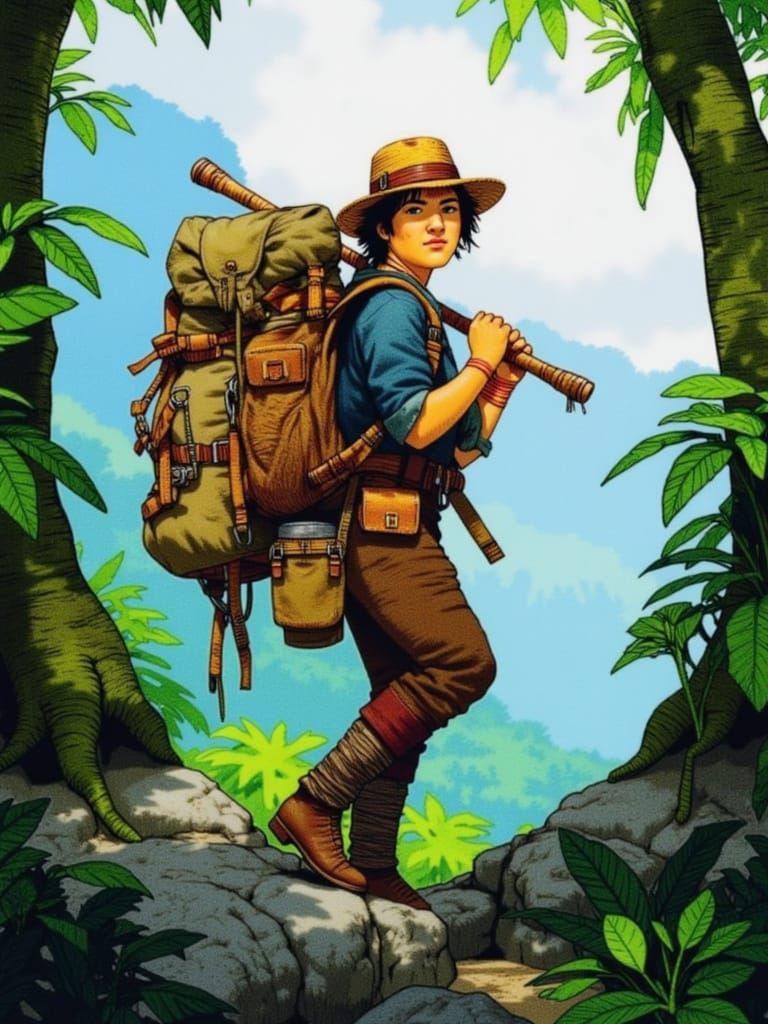 <lora:Jungle Adventure:1.0> A weathered, stoic native female explorer porter, clad in frayed, earth-toned cotton attire, worn, scuffed leath...