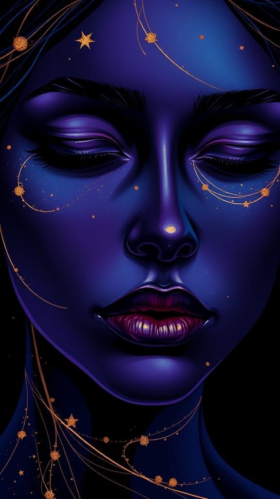 Celestial Goddess with Cosmic Facial Patterns in Dark Blue B...