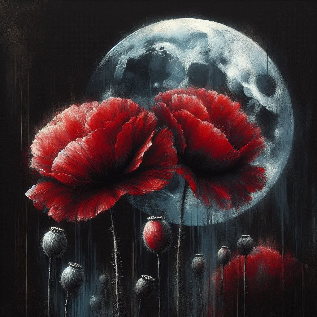 Artfully painted poppy against the moon