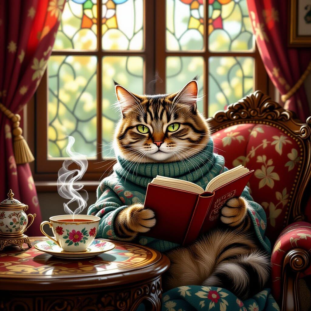 A boomer cat enjoys a newspaper by a stained glass window in a traditional, historic home, a cup of tea nearby on a beautifully carved table...