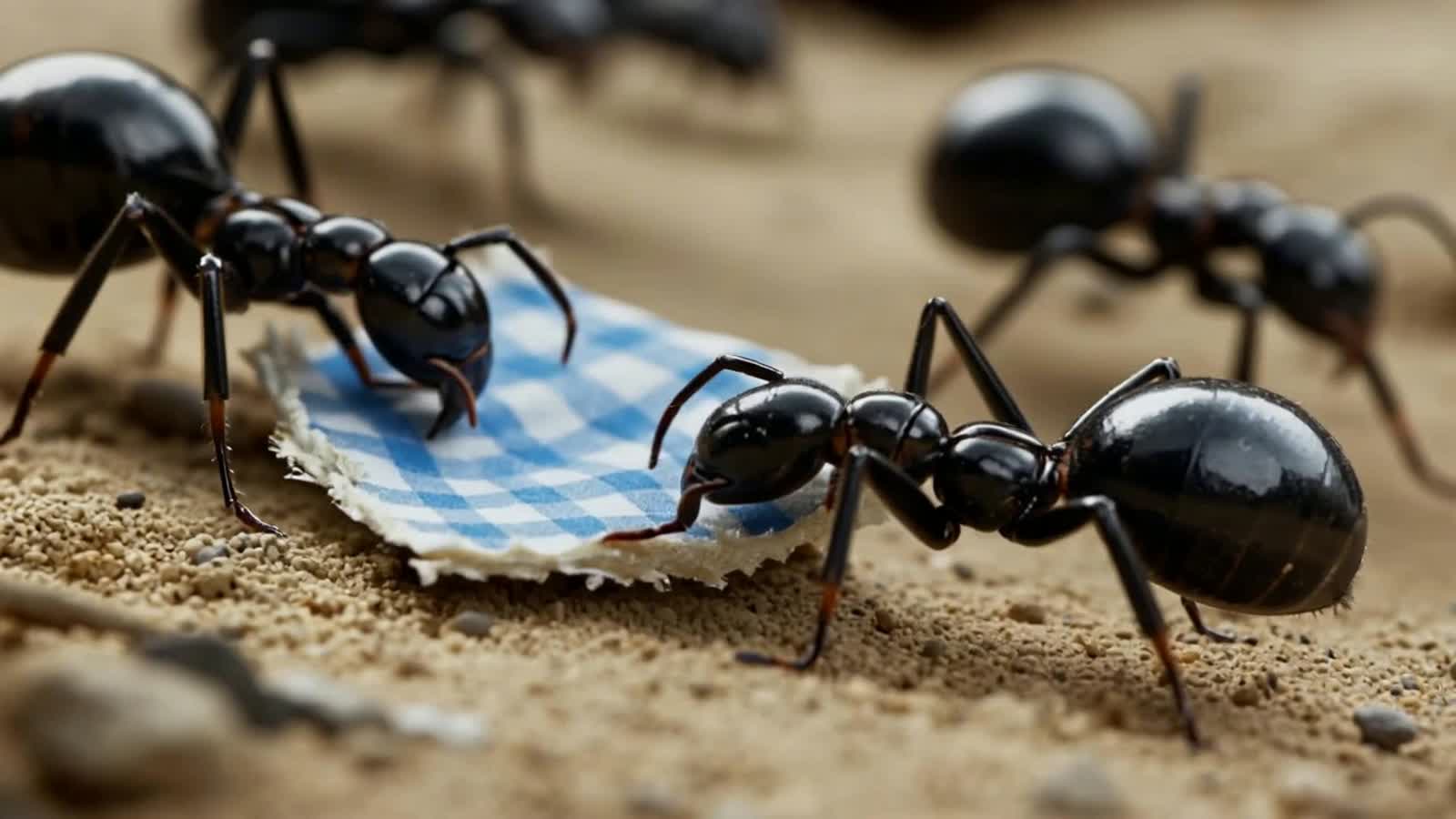 An ant colony carries the remains of a picnic blanket to the anthill, barely visible in the background of the image.