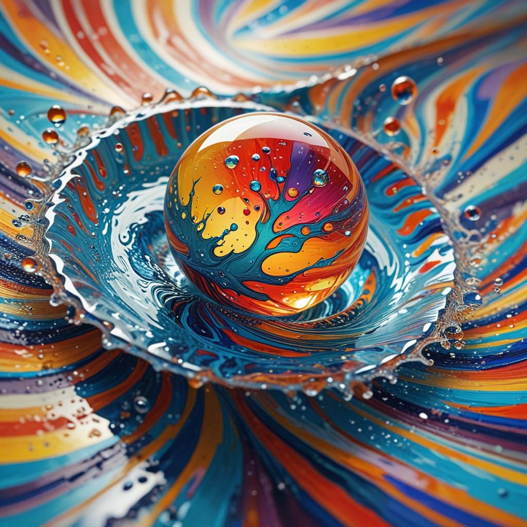 Colour photograph, macro lens extreme close up of an Oil droplet splashing into an oil pool in slowmo, ...  by @Lady on Fire