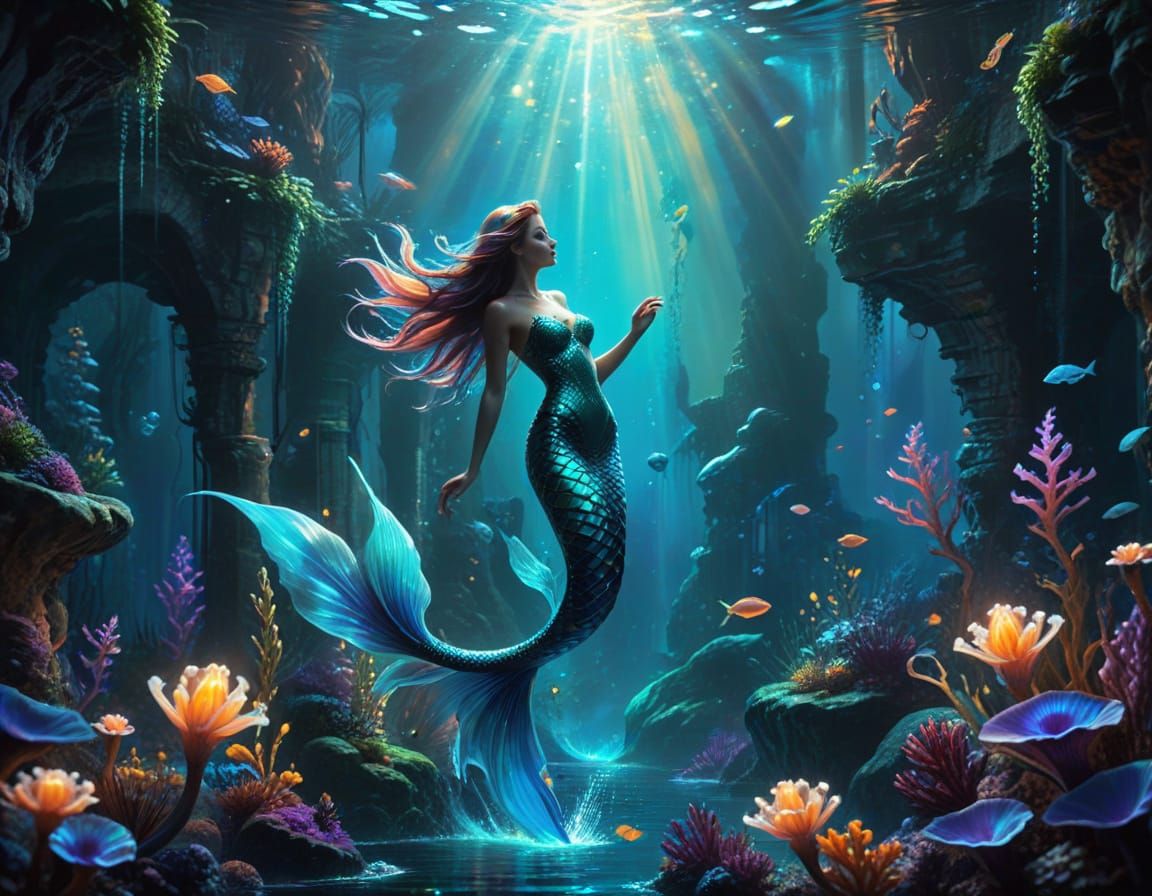 A luminous mermaid with a shimmering, iridescent tail glides through an enchanted Atlantis.   by @Kirst