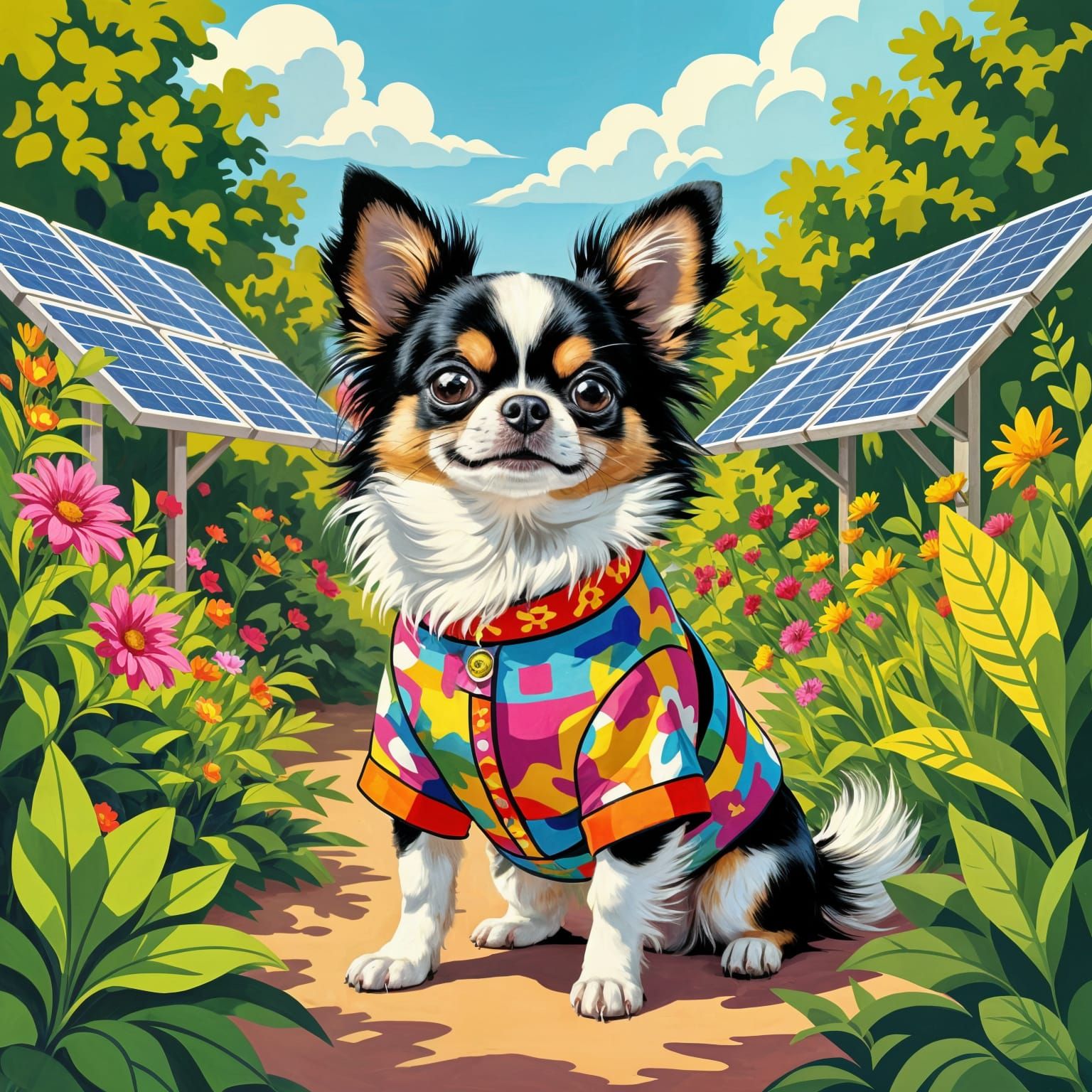 Toy Chihuahua pop art solarpunk split-complementary colors Pino Daeni