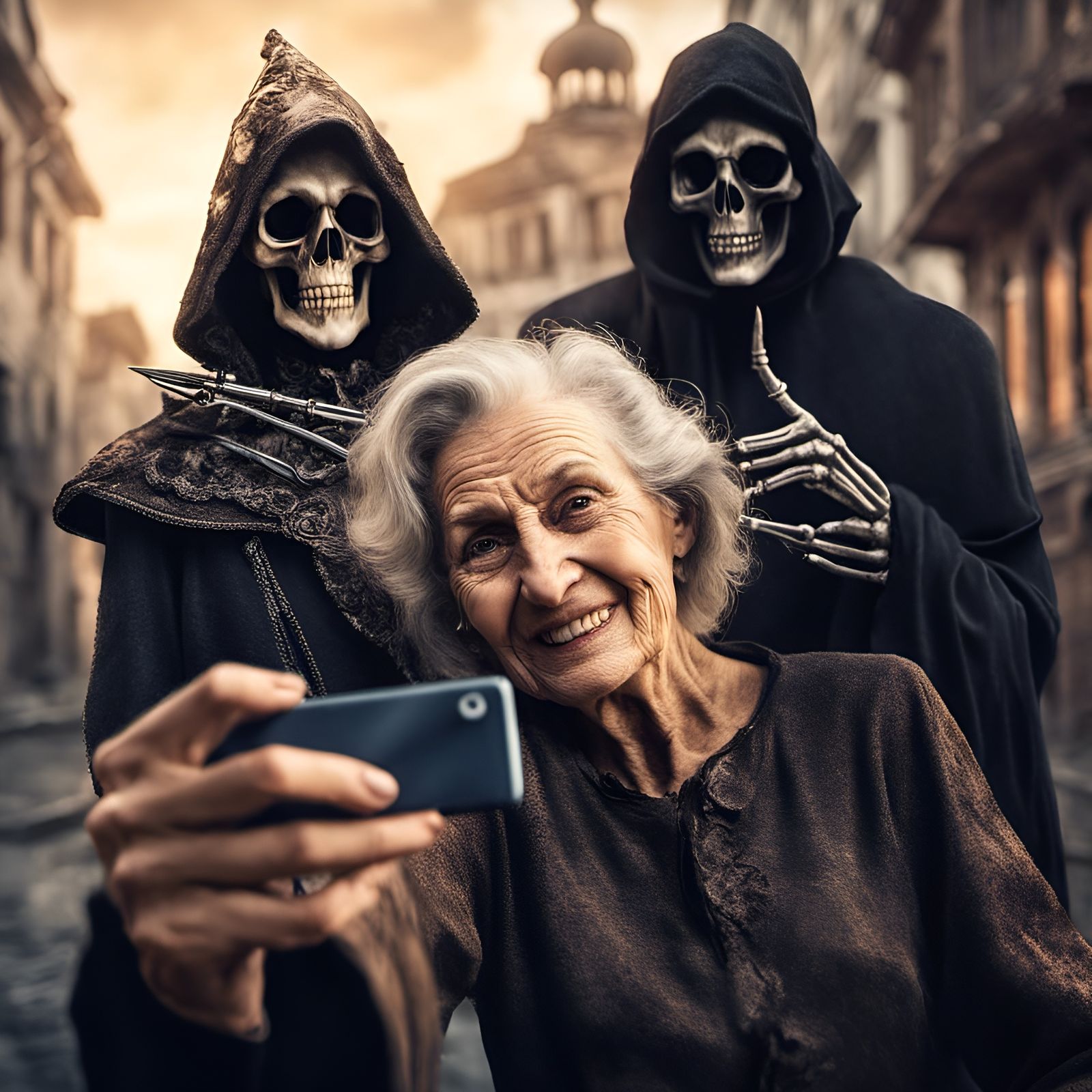Lovely Old Lady taking a Selfie with the Grim Reaper of Death and his Trainee