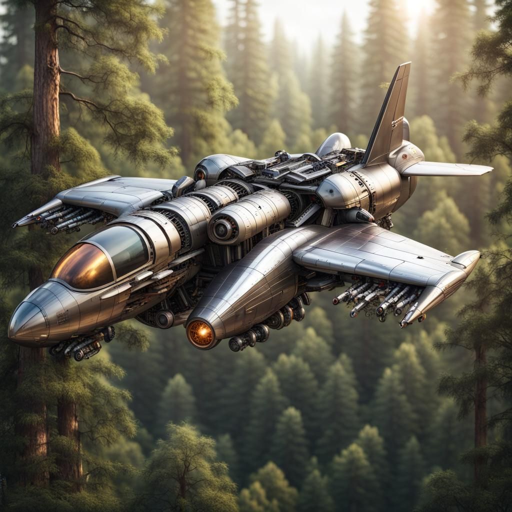 advanced fighter plane flying over a forest steampunk