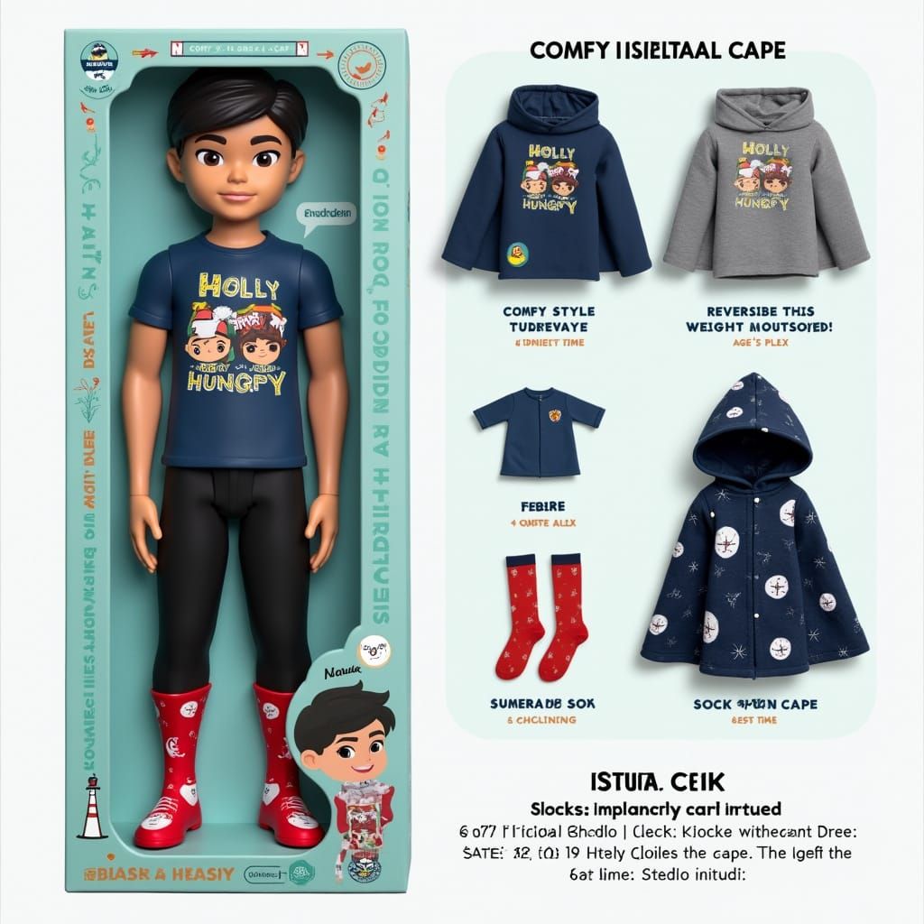Digital mock-up of a collectible action figure named "Cozy Holiday Hero."
