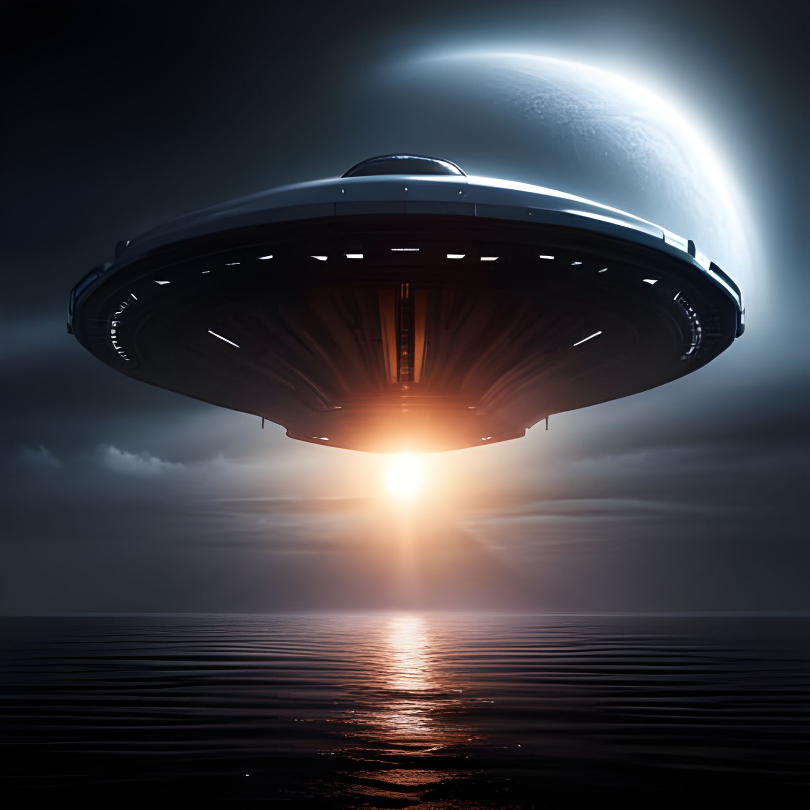 Alien spaceship hovering over a black colored sea, Deep DARK Cinematic, Epic 3D Videogame Graphics, Intricately ...  by @NewAgerJul