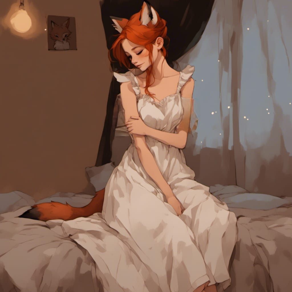 Fox-girl VIXEN wearing a nightgown getting ready for bed.