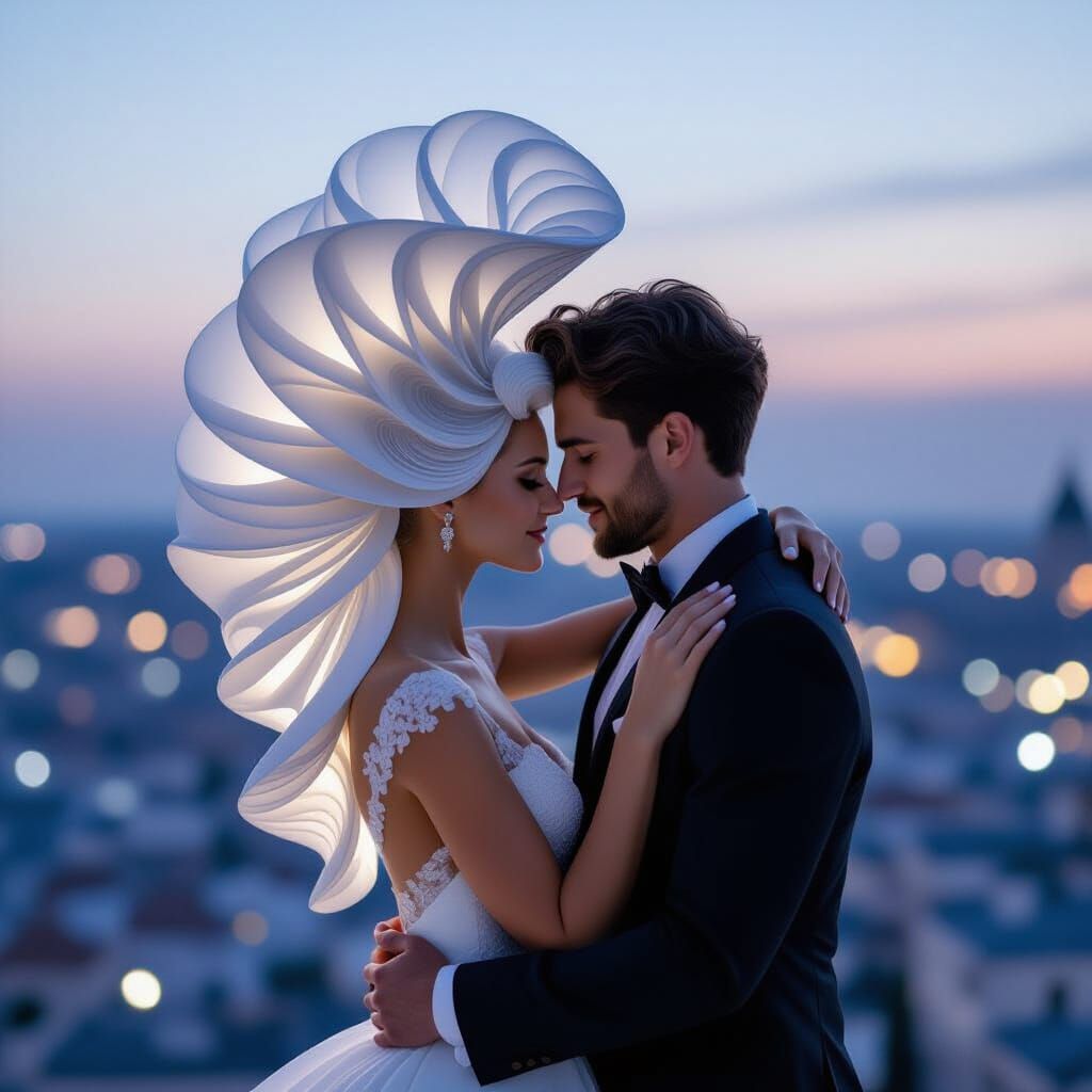 A portrait of a couple embracing, with the woman's hair styled into an elaborate, architectural structure ...  by @Maurizio
