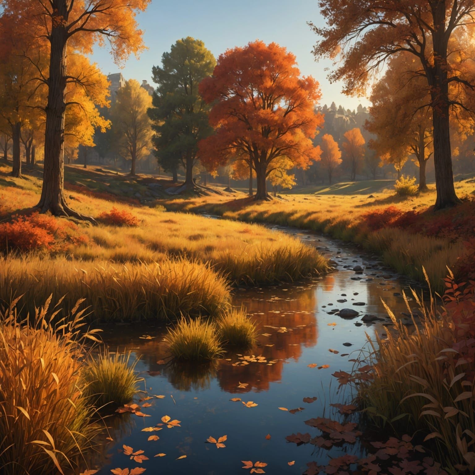 A Stream at the Edge of a Meadow in Fall