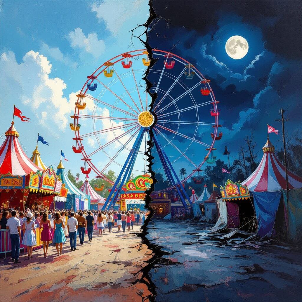 A split image: on the left, a vibrant, bustling carnival scene with colorful tents, happy crowds, and ...  by @Observer1