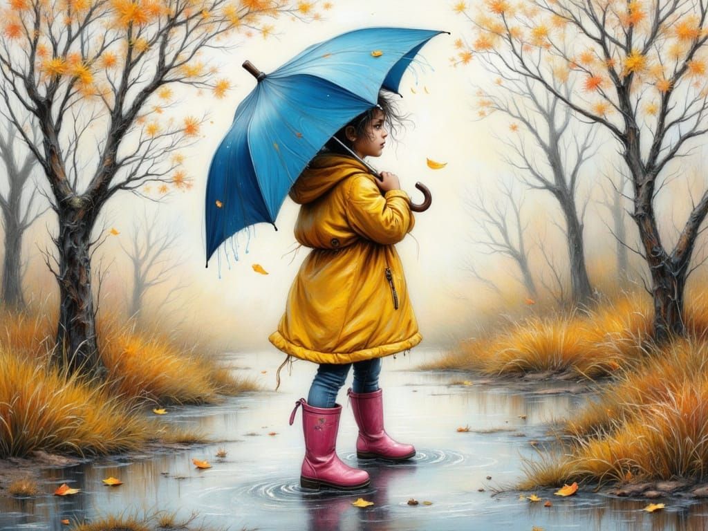 Child Dancing in Autumn Wind with Inverted Umbrella