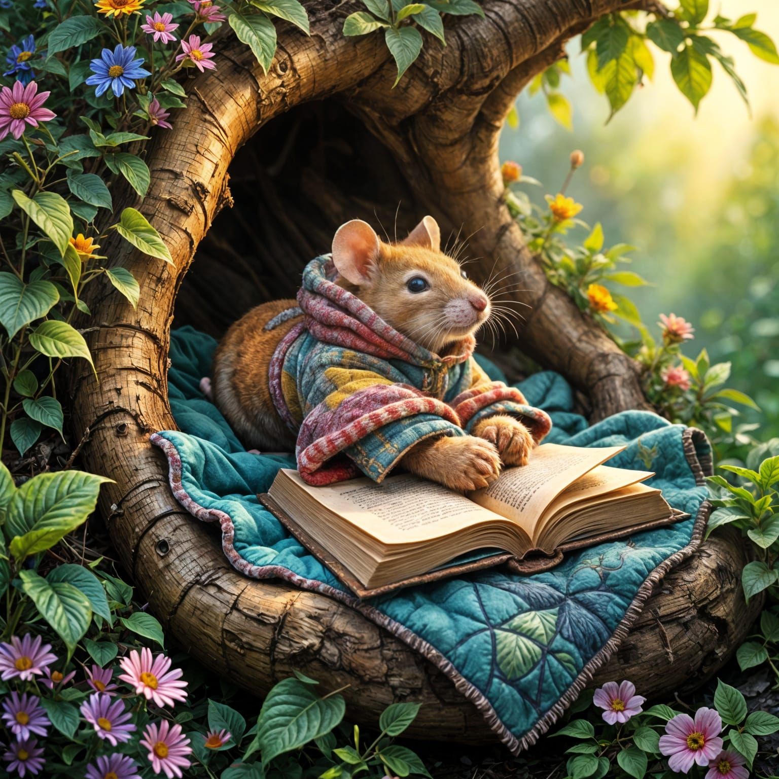  A mouse is reading a book in the hollow of a tree
