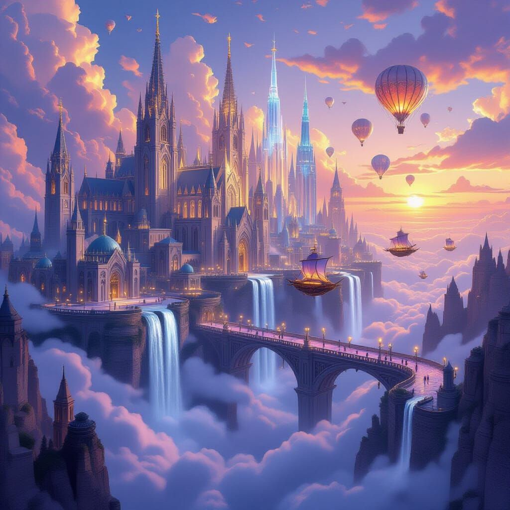 
"A breathtaking, grand cityscape in a high-fantasy setting, where magnificent structures of stone and crystal float effortlessly above a se...